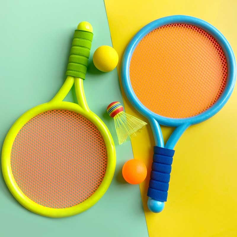 Two kids' lightweight badminton rackets with shuttlecocks, perfect for outdoor play & physical activity