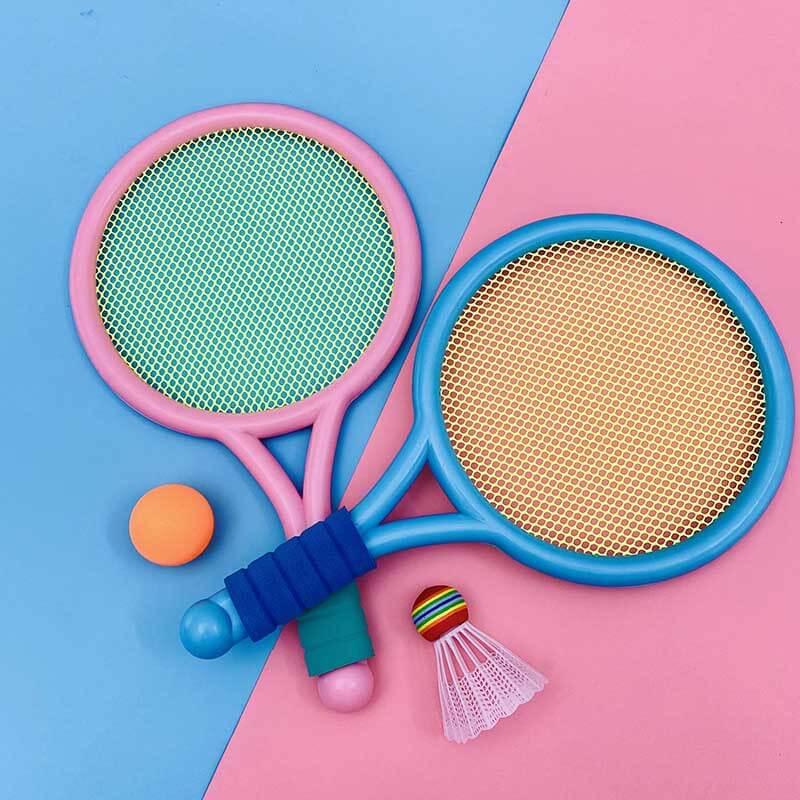 Close-up of a blue kids' badminton racket, designed for easy grip for boys & girls sports fun