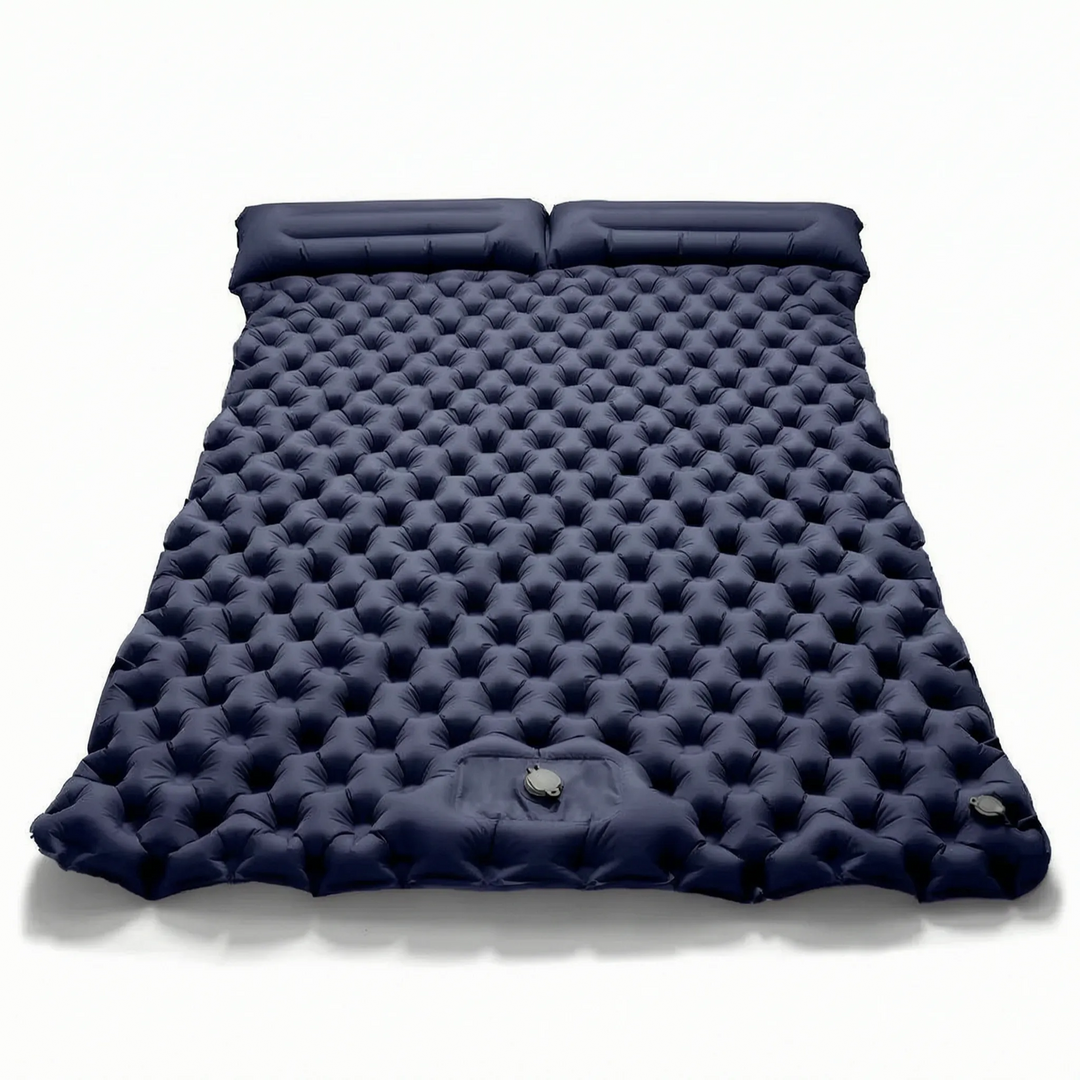Compact two-person air mattress for camping; lightweight & inflatable for portable outdoor adventure sleeping.