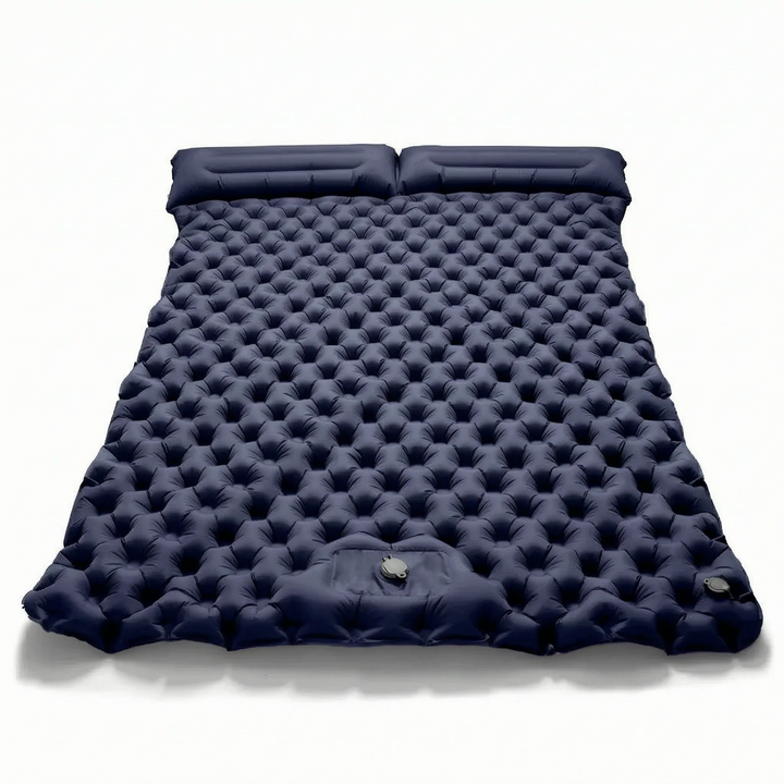 Compact two-person air mattress for camping; lightweight & inflatable for portable outdoor adventure sleeping.