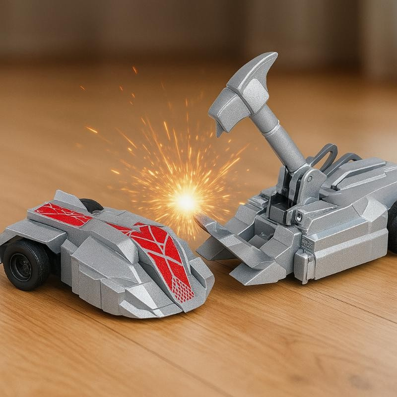 Two remote control bumper cars, red and blue, with figures inside, ready for interactive kids' play; perfect RC toy gift.