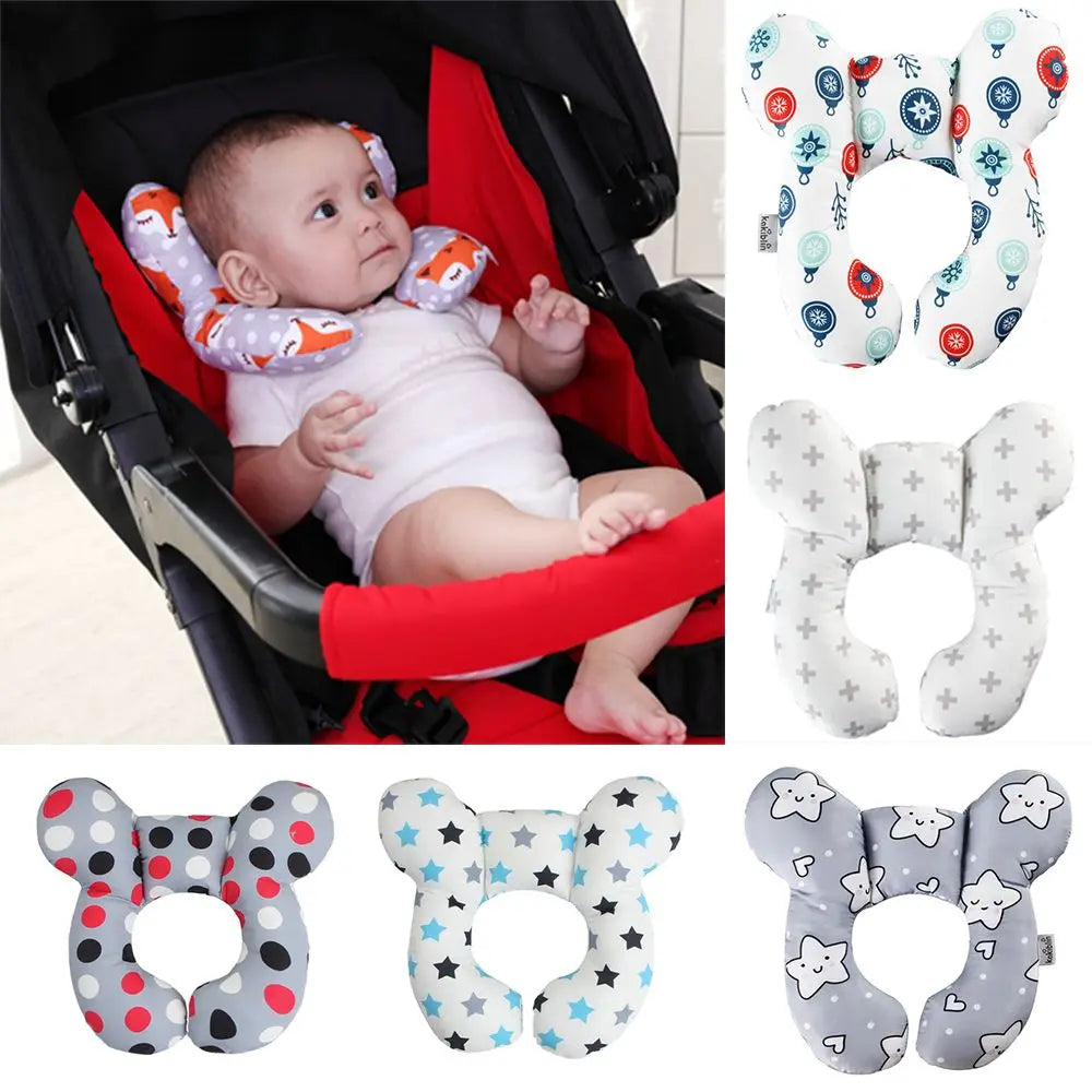 U-shaped baby head & neck support pillow for car seats, featuring soft fabric and an ergonomic design for infant travel comfort