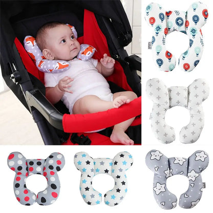 U-shaped baby head & neck support pillow for car seats, featuring soft fabric and an ergonomic design for infant travel comfort