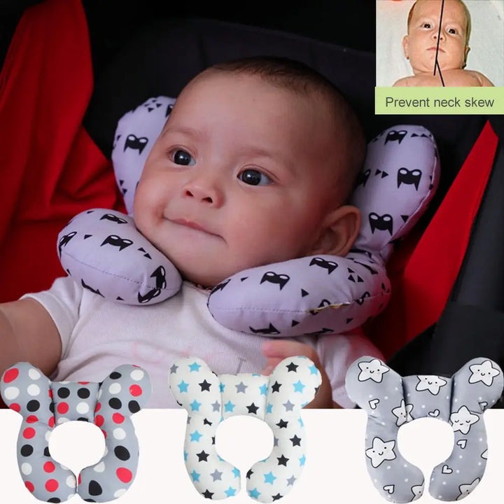 Close-up of a U-shaped baby neck support pillow, showcasing its plush fabric and contoured form for stroller or car seat use