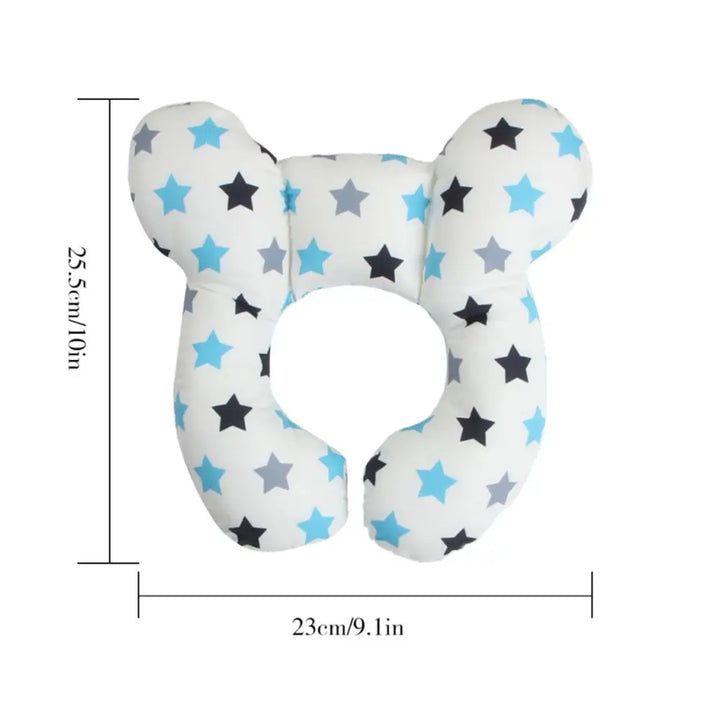 Soft U-shaped baby pillow providing gentle head support, suitable for car seats and strollers, promoting baby comfort