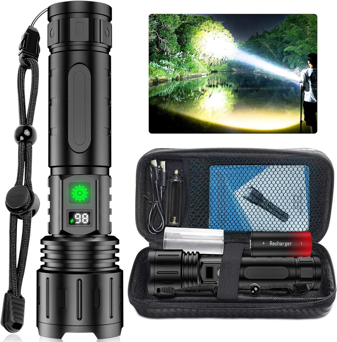 Ultra-bright 100,000 lumens tactical LED flashlight, rechargeable, also functions as a power bank.