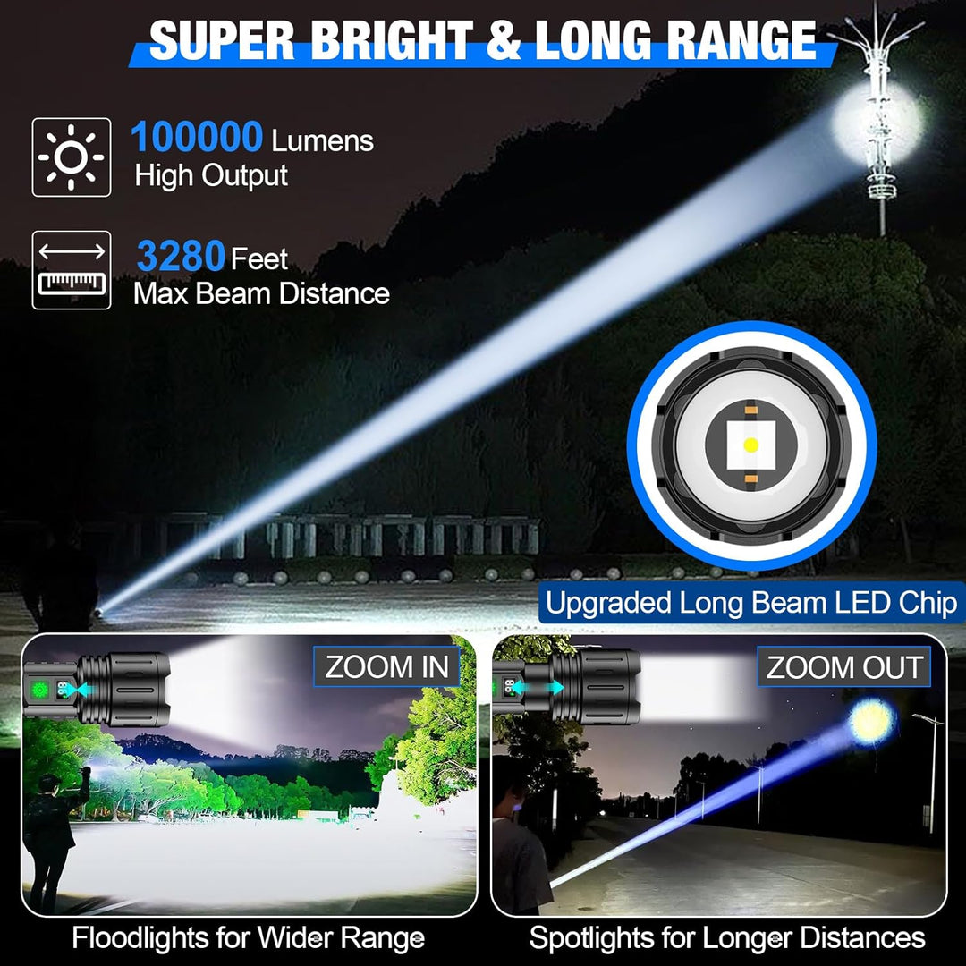 Durable tactical LED flashlight & power bank for camping, hiking, and survival. Waterproof design.