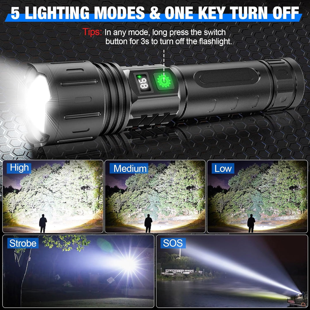 Rechargeable LED flashlight with built-in power bank. Essential gadget for emergency and outdoor adventures.