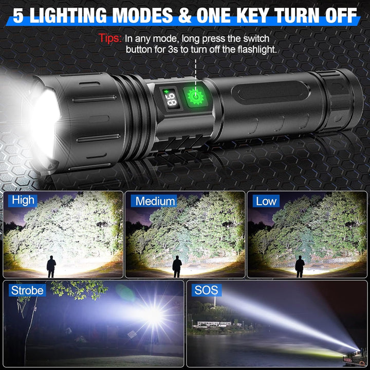 Rechargeable LED flashlight with built-in power bank. Essential gadget for emergency and outdoor adventures.