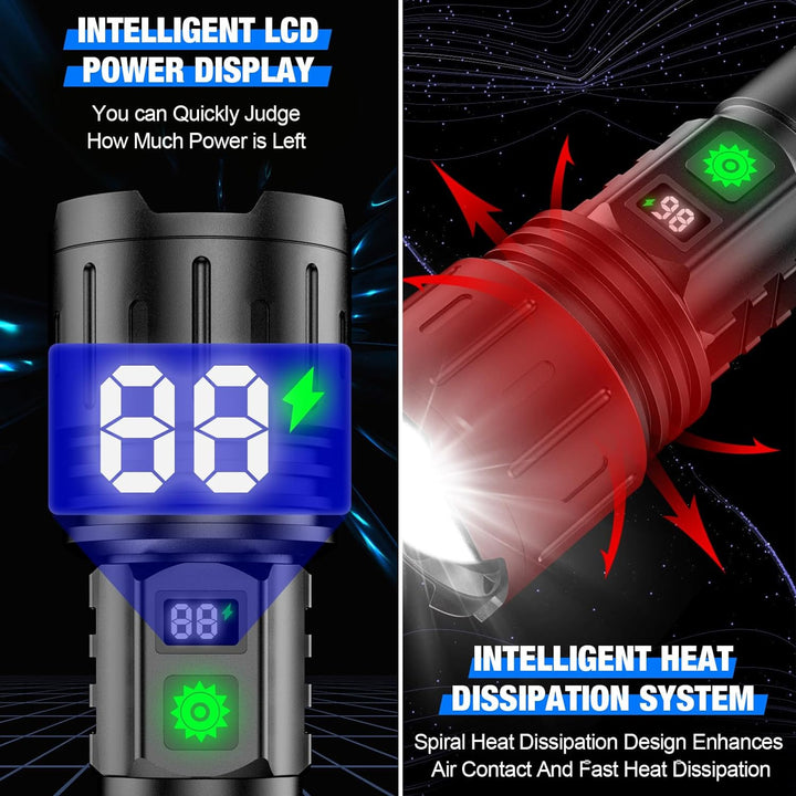 Powerful 100,000 lumens LED flashlight illuminating a dark trail, perfect for hiking and emergency lighting.