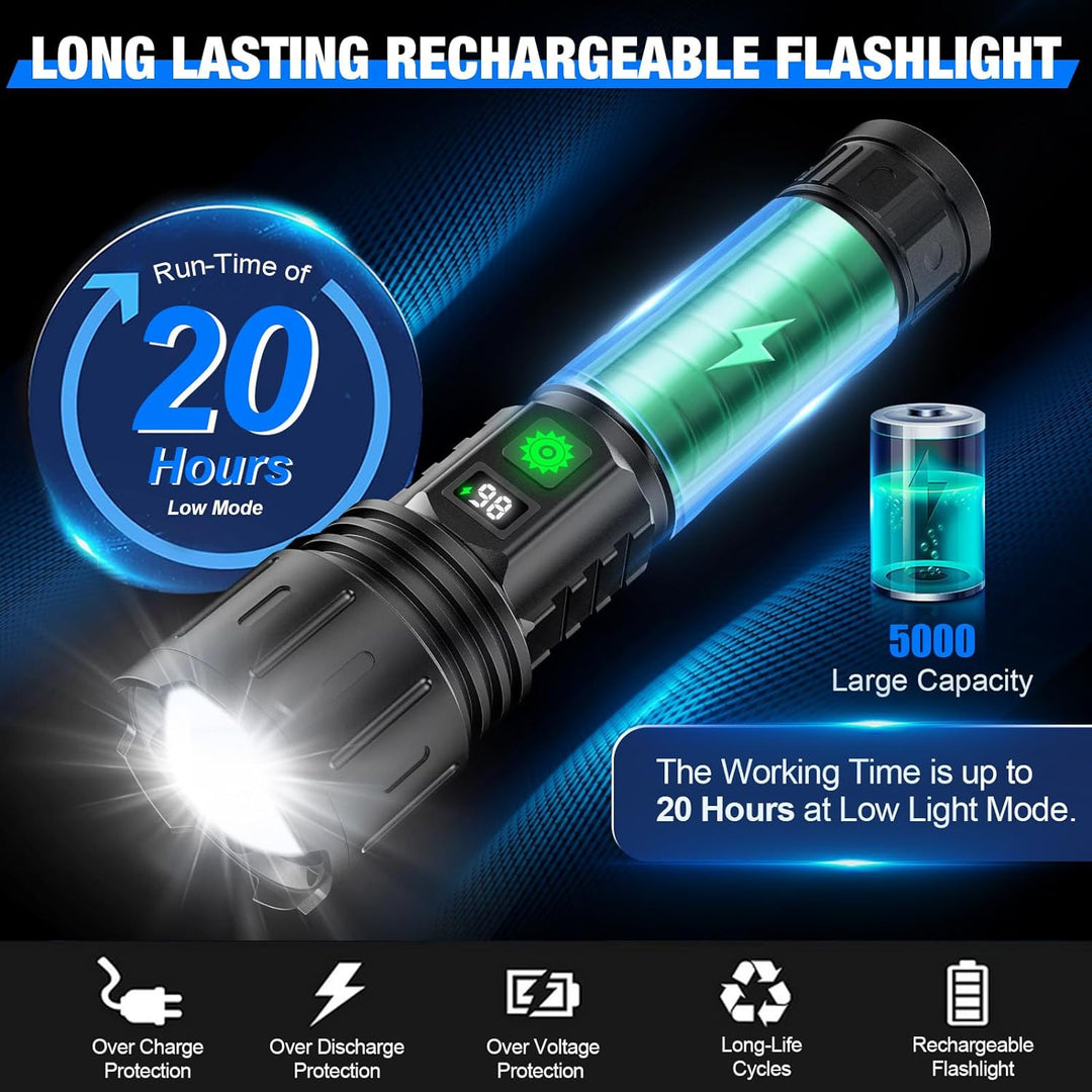 Tactical LED flashlight showing its robust body & charging port. Ideal waterproof gadget for outdoor survival.