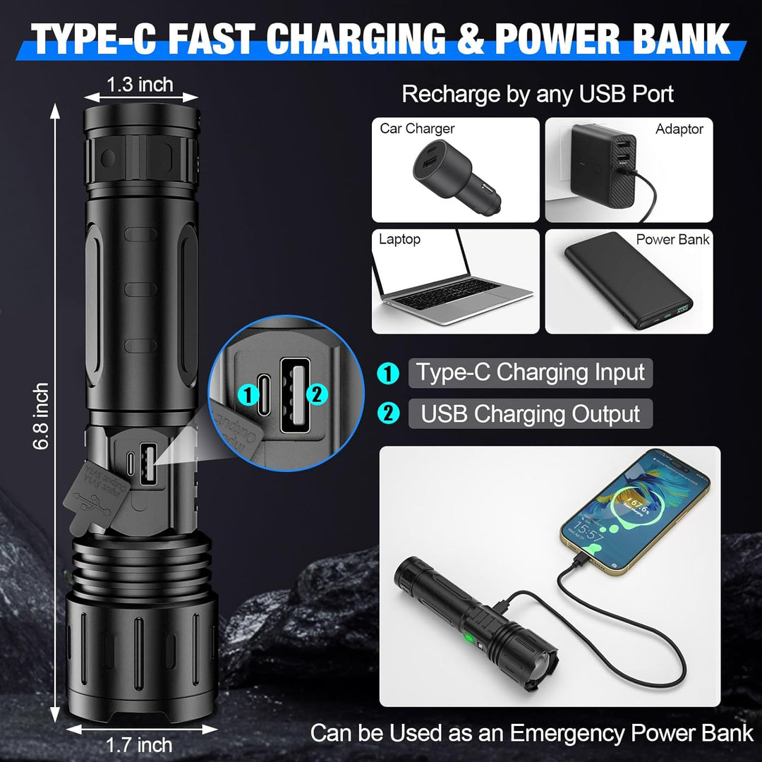 High-power 100,000 lumens LED tactical flashlight with power bank function, great for all outdoor emergencies.