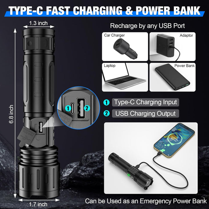 High-power 100,000 lumens LED tactical flashlight with power bank function, great for all outdoor emergencies.