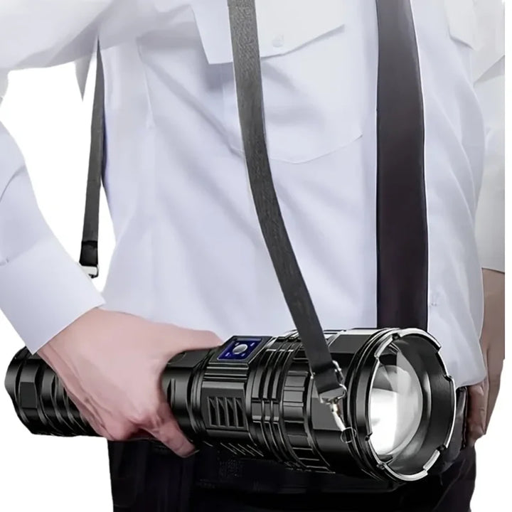 Ultra-bright 10000 lumen rechargeable LED flashlight for camping, emergency, and outdoor use.