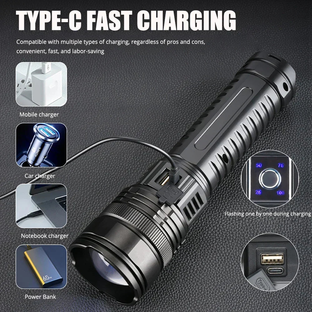 Rechargeable 10000 lumen LED torch illuminating a dark path; perfect for hiking and outdoor gear.