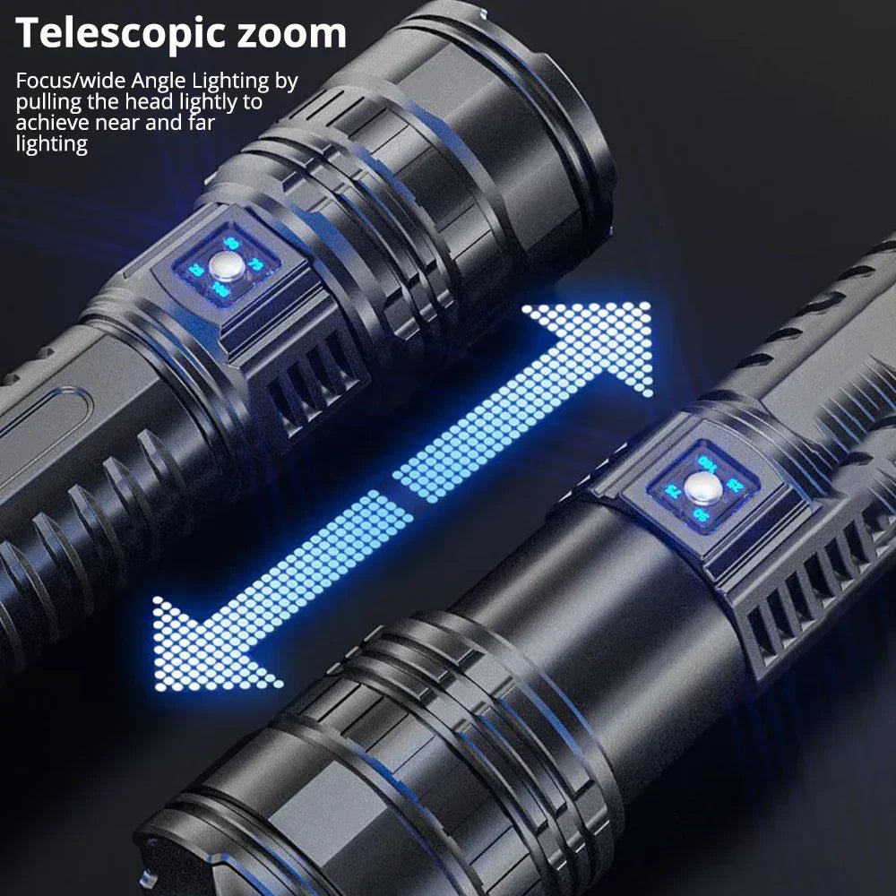 Powerful 10000 lumen LED flashlight beam cutting through darkness, ideal for emergencies & exploration.