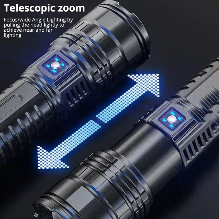 Powerful 10000 lumen LED flashlight beam cutting through darkness, ideal for emergencies & exploration.