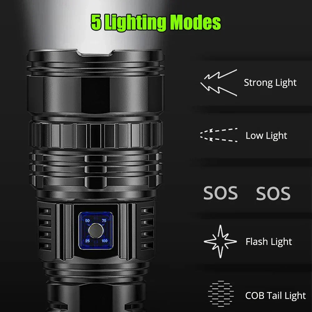 Striker rechargeable LED flashlight acting as a power bank, charging a phone. Essential outdoor gear.