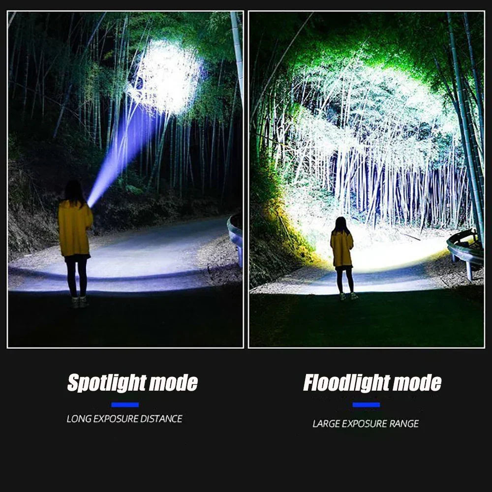 Close-up of the Striker rechargeable 10000 lumen LED flashlight, showcasing its sturdy build & design.