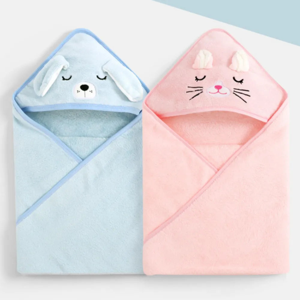 Adorable baby hooded towel, coral fleece, designed for quick and gentle drying.