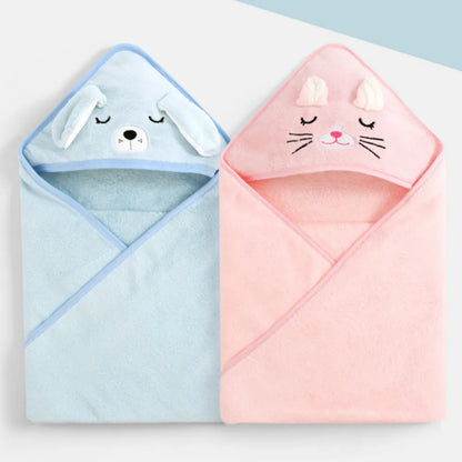 Adorable baby hooded towel, coral fleece, designed for quick and gentle drying.