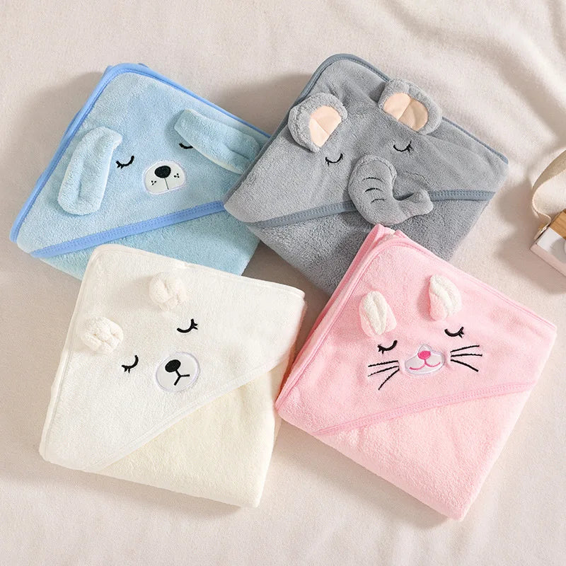 Baby hooded towel in 'Cute Animal' design, coral fleece, for comfortable drying after bath.