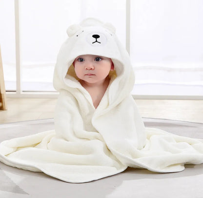 Soft coral fleece baby bath wrap, with hood, for effortless and warm drying.