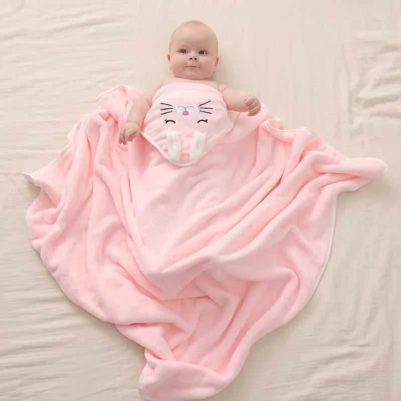 Baby hooded towel, made from soft coral fleece, suitable for infants and toddlers.