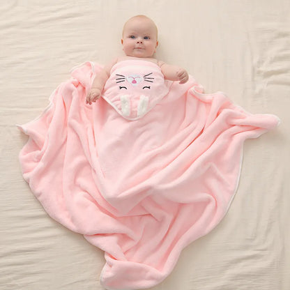 Baby hooded towel, made from soft coral fleece, suitable for infants and toddlers.