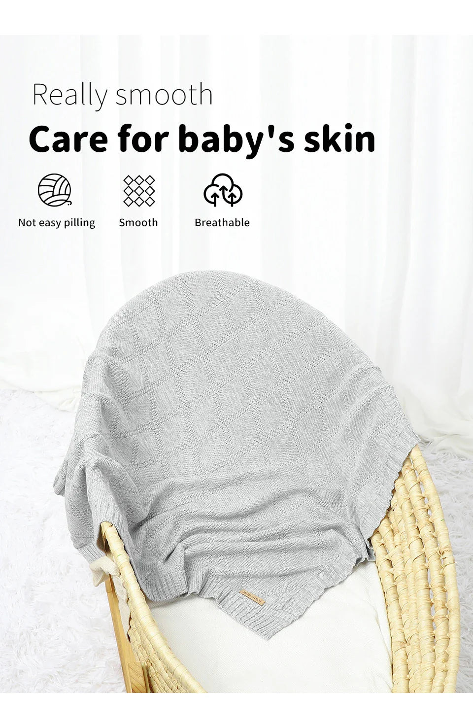 White cotton baby blanket with an adorable cloud pattern, an ideal gift for a baby shower