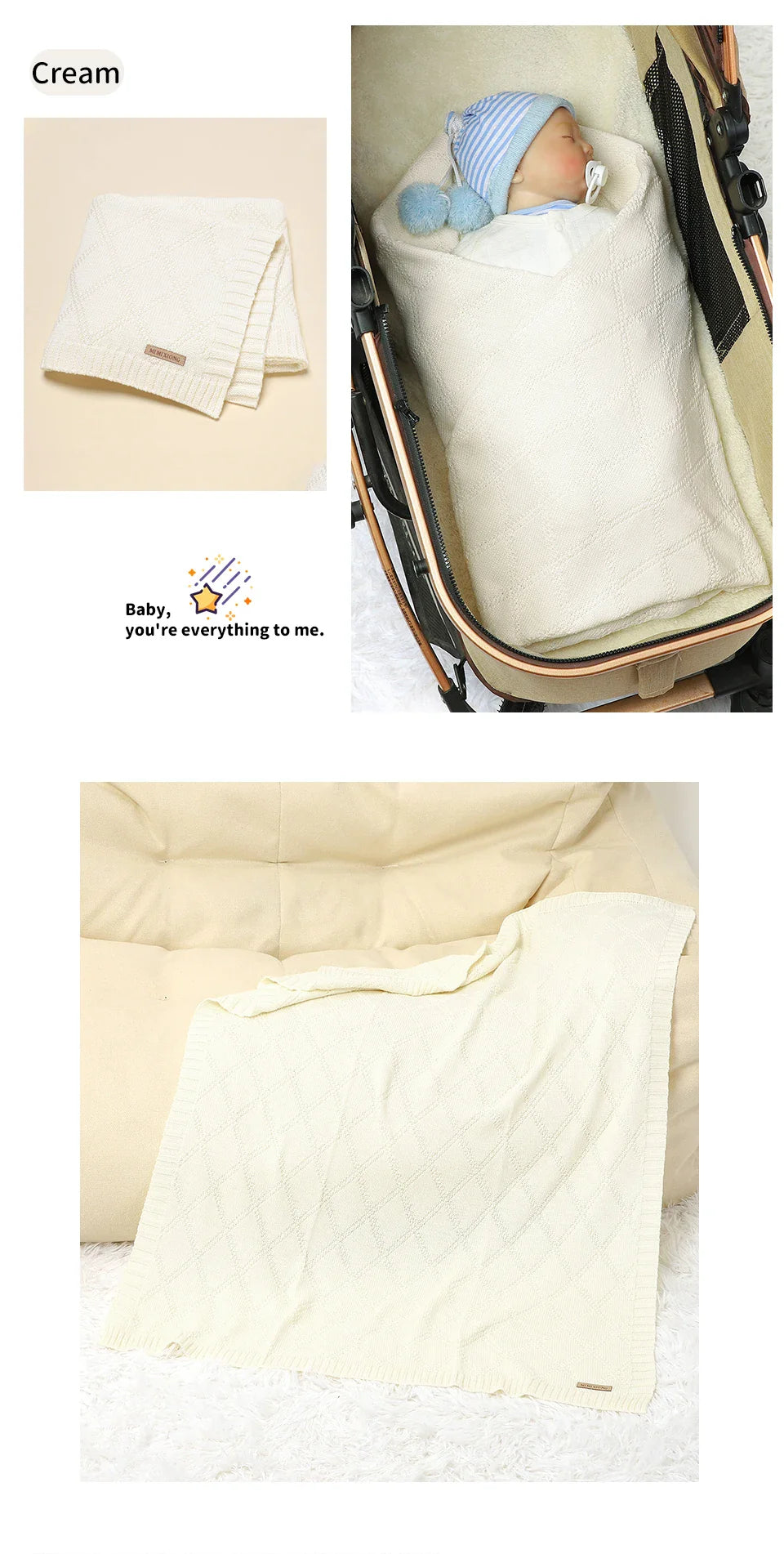 Infant lying on a plush cotton swaddle blanket, showcasing its softness and comfort