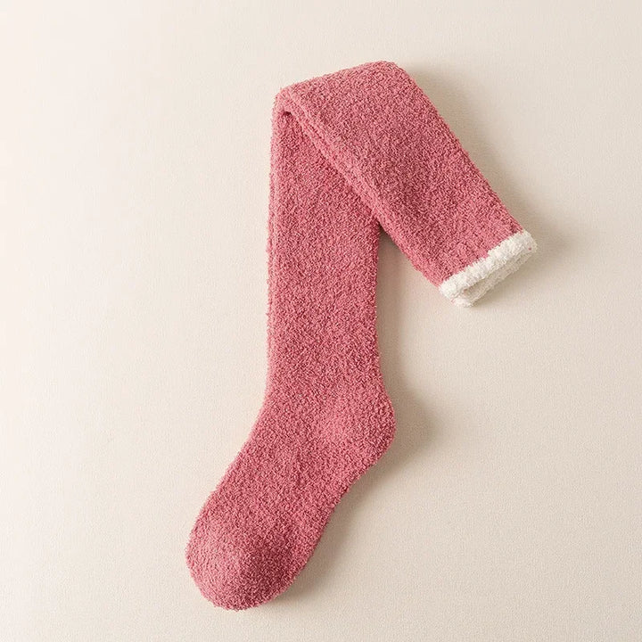 Ultra-soft fuzzy knee high socks for women, providing cozy warmth and comfort for loungewear. Perfect winter socks.