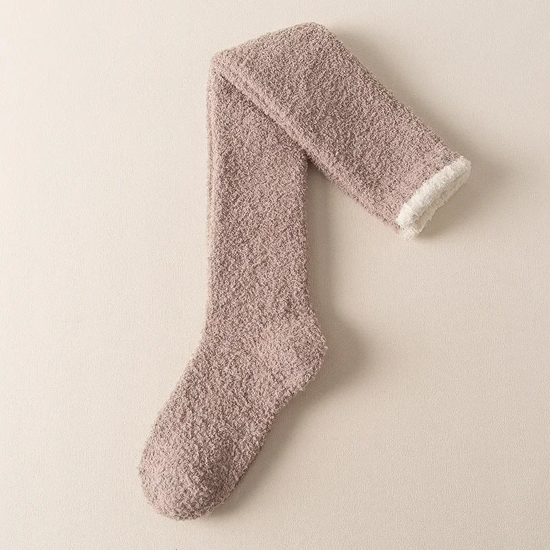 Cozy ultra-soft fuzzy knee high socks for women, offering warm comfort. Ideal loungewear & winter socks.