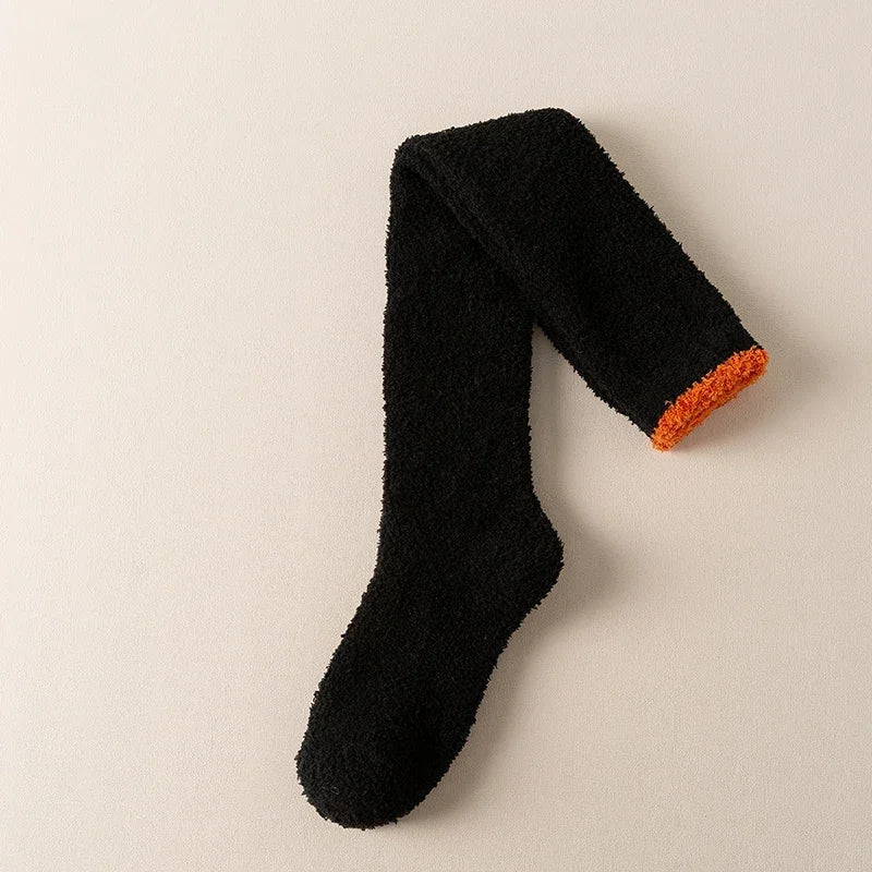 Comfortable women's fuzzy knee high socks, ultra-soft for cozy warmth. Essential winter loungewear & fall fashion.