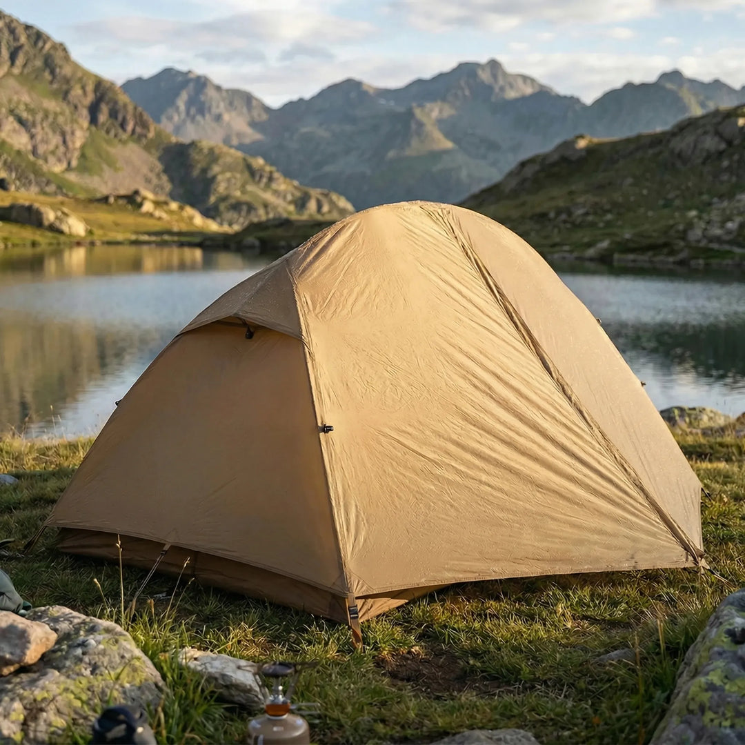 Ultralight 1-person double-layer dome tent in a forest for backpacking, camping, & hiking. Portable 3-season.