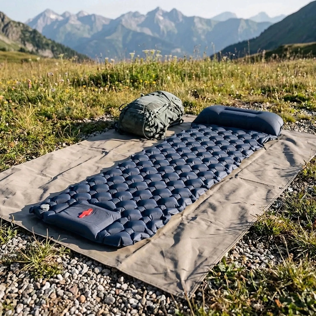Ultralight camping sleeping pad with integrated pillow for comfortable outdoor sleeping & hiking.
