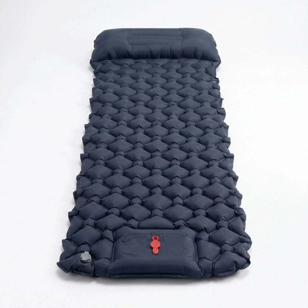 Inflatable ultralight sleeping pad, perfect for camping, hiking, & backpacking, features a built-in pillow.