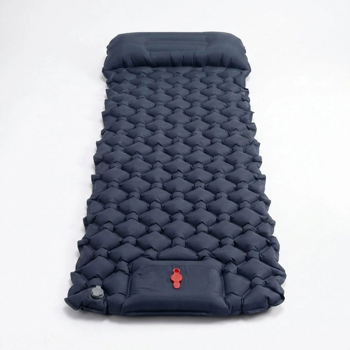 Inflatable ultralight sleeping pad, perfect for camping, hiking, & backpacking, features a built-in pillow.