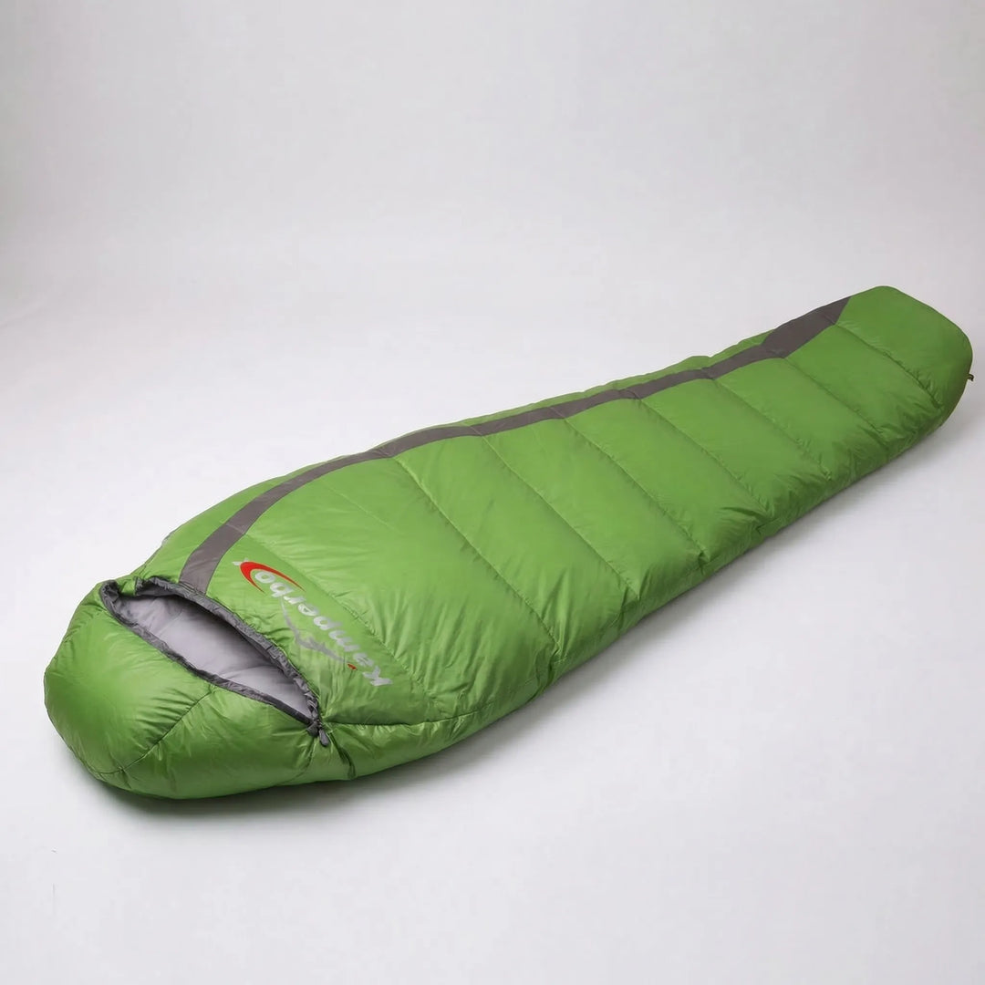 Compact unisex down mummy sleeping bag, perfect for cold weather outdoor adventures & ultralight backpacking.
