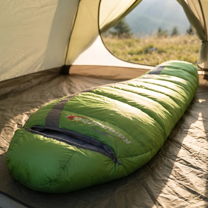 Durable unisex down mummy sleeping bag, ideal ultralight gear for cold weather camping, backpacking & hiking.