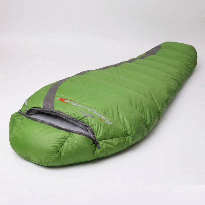 High-performance ultralight down mummy sleeping bag, essential for cold weather outdoor gear & trekking.