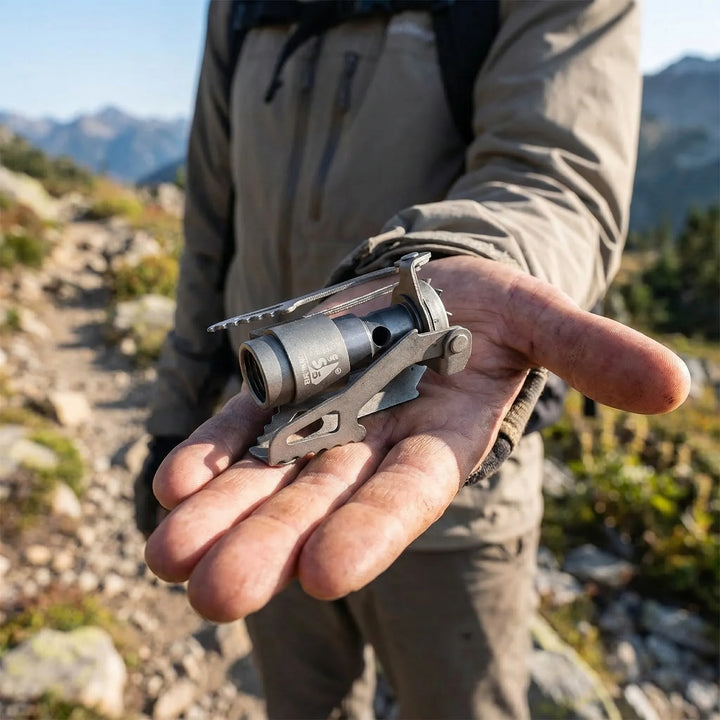 Ultralight folding pocket camping stove for backpacking & hiking. Portable titanium outdoor cooking gear.