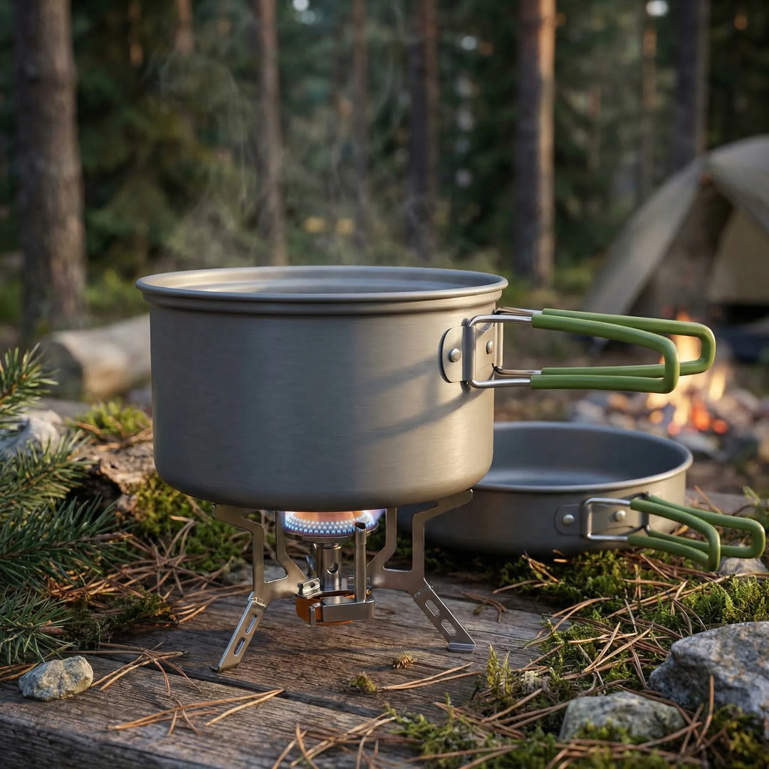 Ultralight outdoor camping cookware set for backpacking, hiking, and travel cooking. Portable mess kit for adventure.