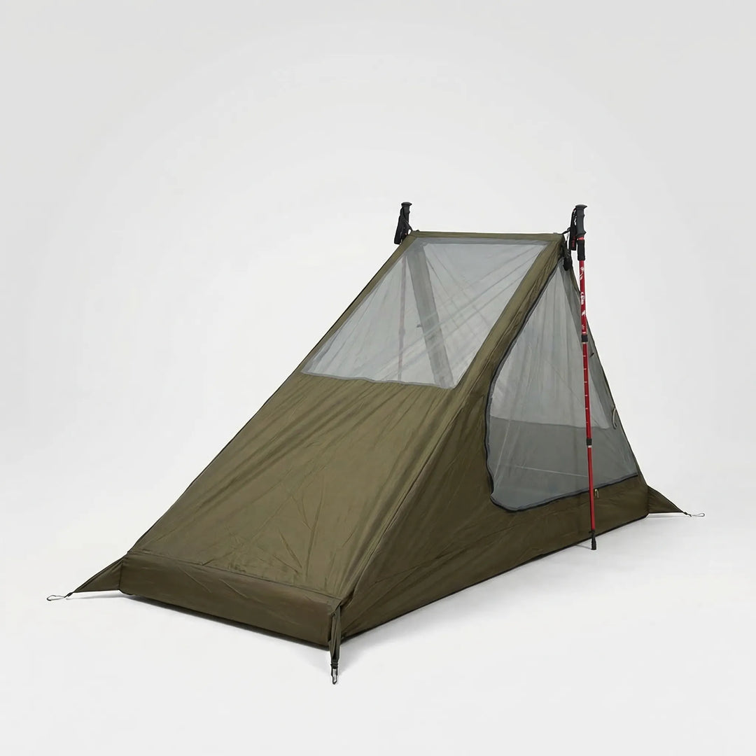 Solo inner mesh tent for backpacking. Ultralight, uses trekking poles. Ideal bug net for camping.