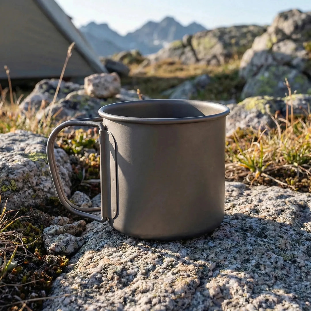 Ultralight titanium camping mug with foldable handle, perfect for backpacking and hiking gear.
