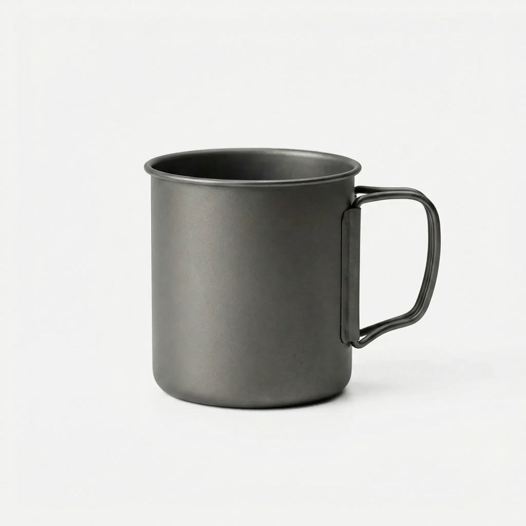 Portable ultralight camping mug with foldable handle for hiking, travel, and outdoor adventures.