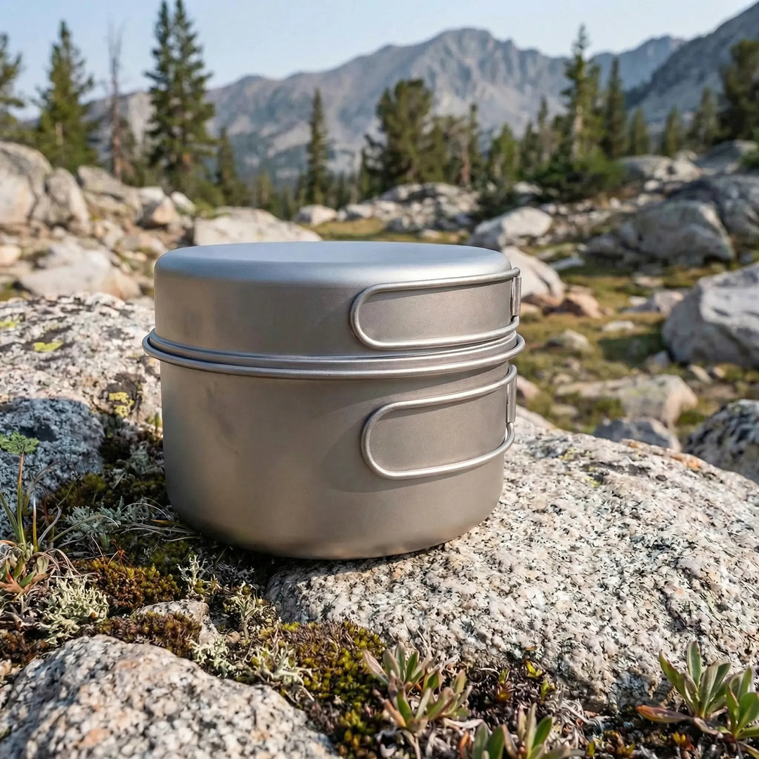 Ultralight titanium cookware set with folding handles, perfect for outdoor backpacking & camping meals.