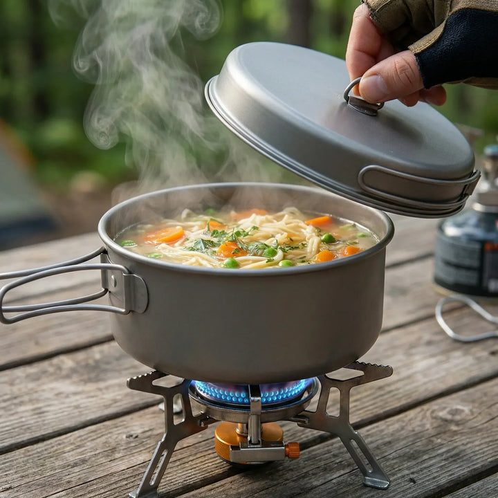 Durable titanium cooking set for backpackers, featuring folding handles for easy packing & lightweight outdoor use.