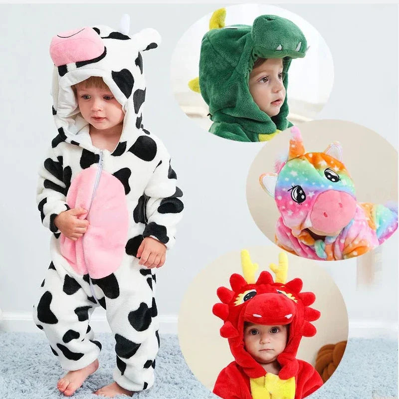 Dinosaur kids animal onesie pajama, warm flannel sleepsuit for baby boys & girls
