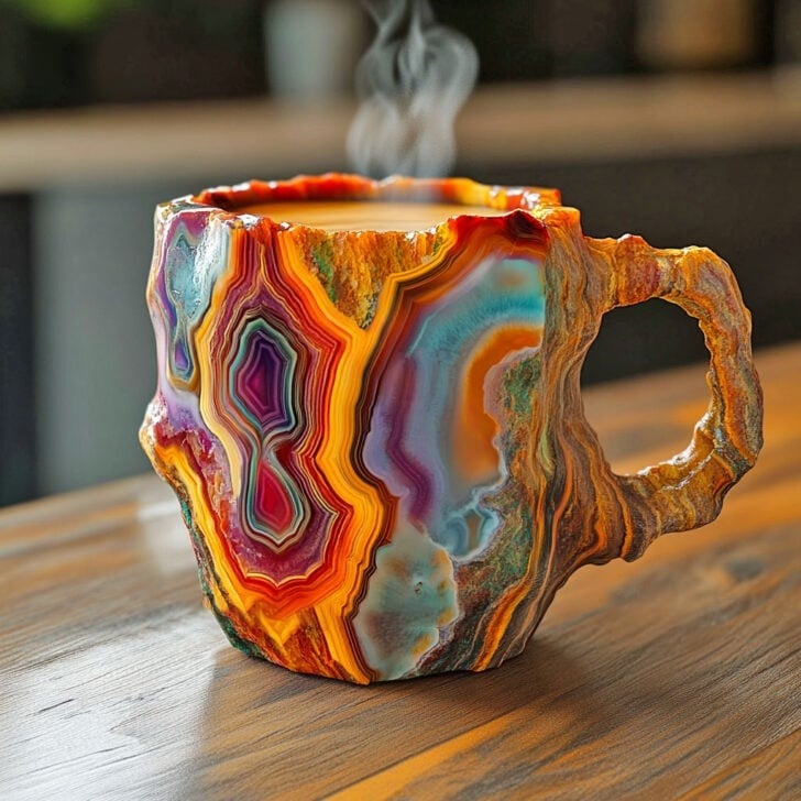 Close-up of a unique crystal coffee mug, showcasing intricate gemstone design & artisan craftsmanship.